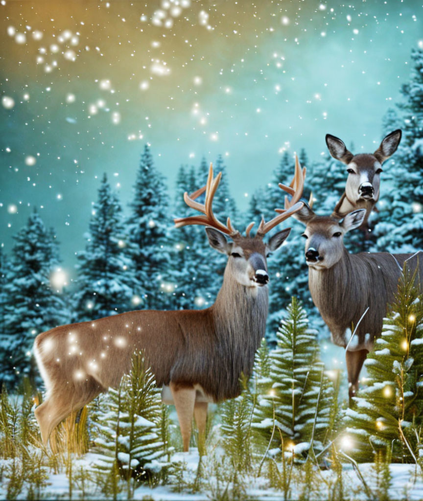 Winter scene: Three deer in snowy forest with falling snowflakes, pine trees, twilight sky.