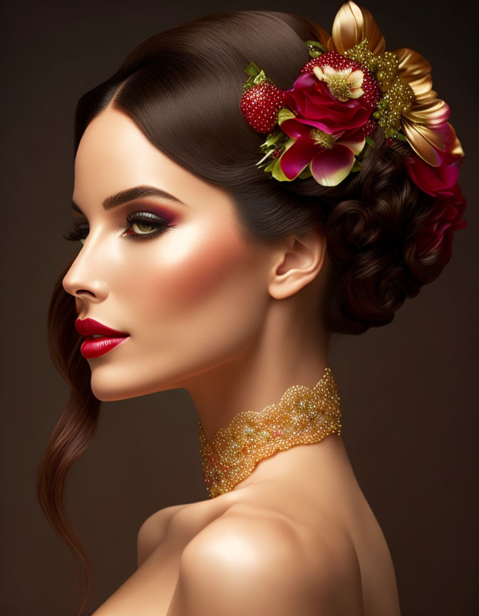 Portrait of a woman with floral hairstyle, bright makeup, and gold necklace