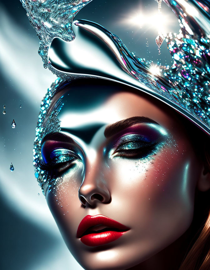 Vibrant makeup woman with water splash crown in digital art