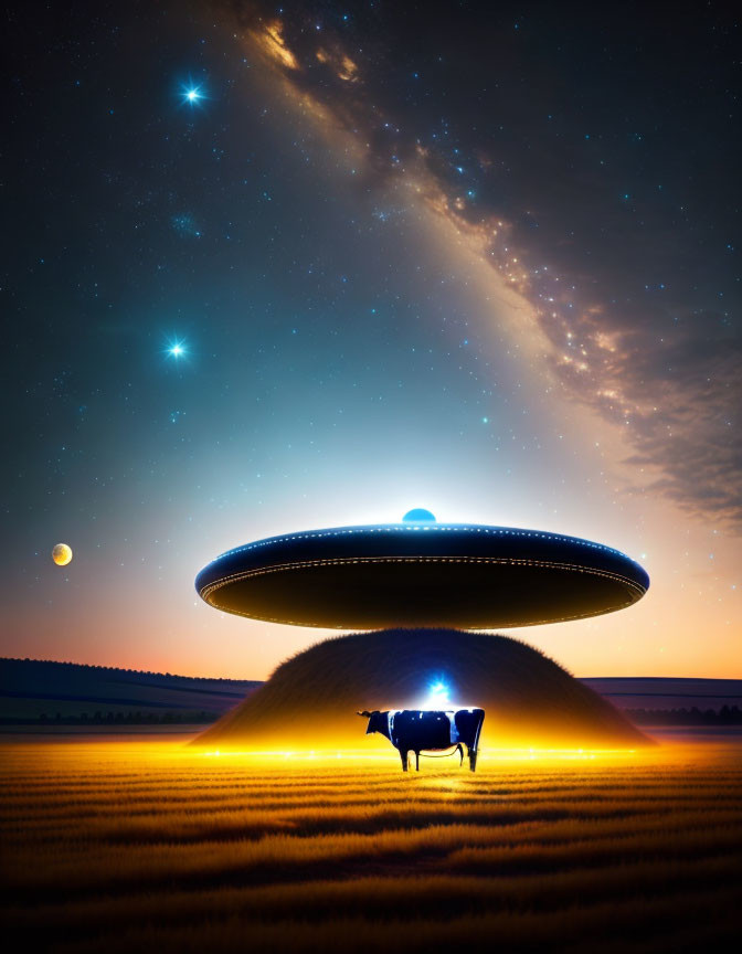 UFO hovering above cow in field at night with stars, Milky Way, and crescent moon.