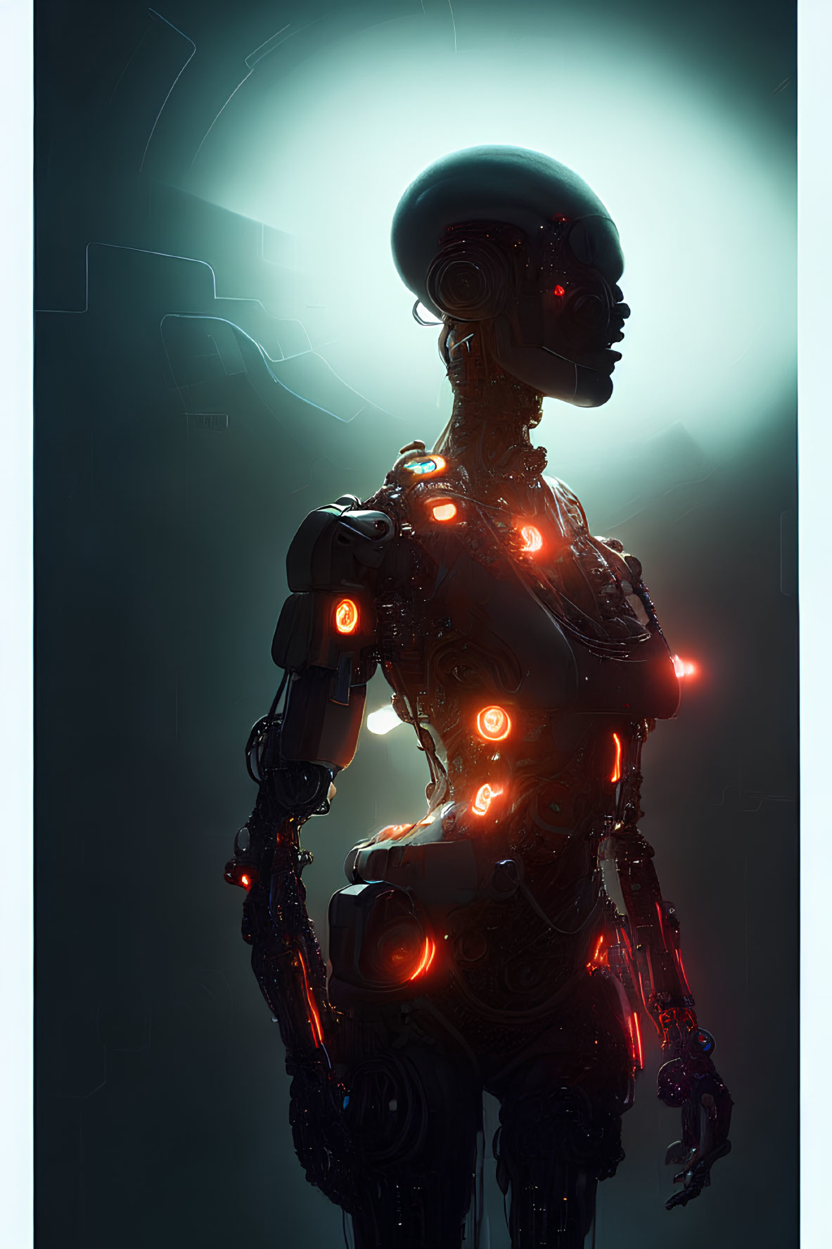 Futuristic humanoid robot with glowing red lights on dark background