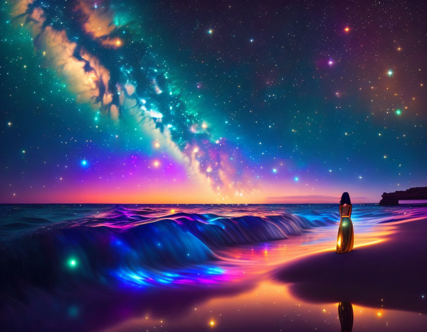 Vibrant beach scene with colorful cosmic display at night