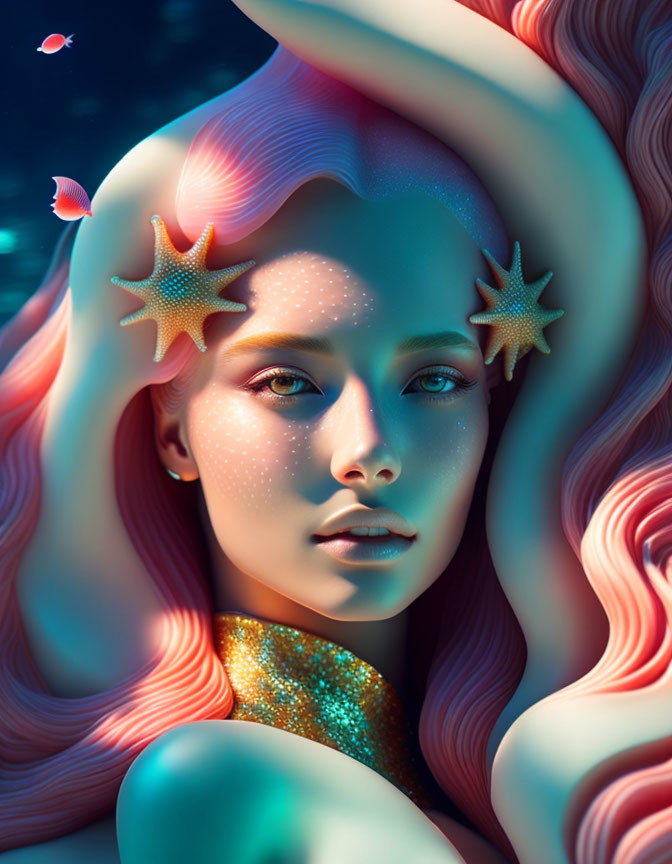 Fantasy-themed portrait of woman with starfish in red coral hair, blue skin, gold shoulder piece