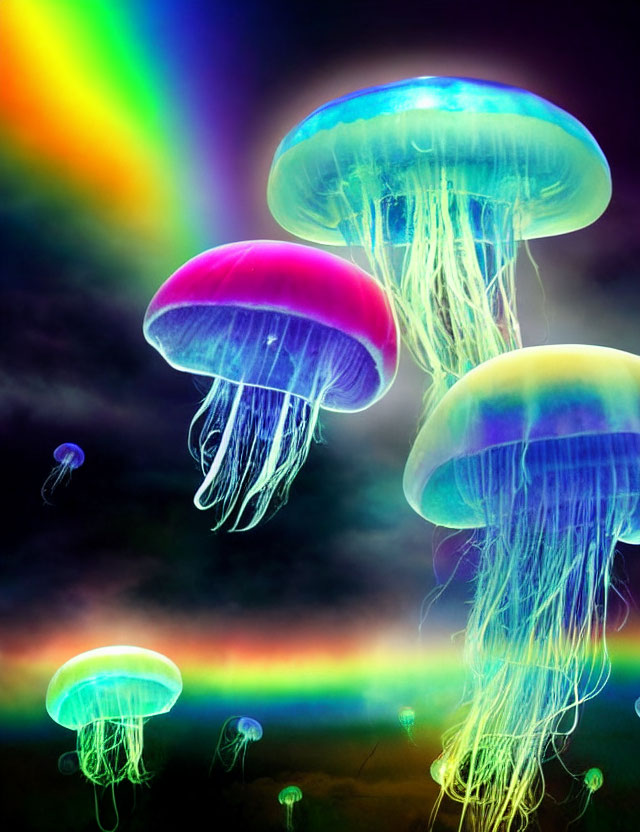 Vibrant jellyfish in front of rainbow background