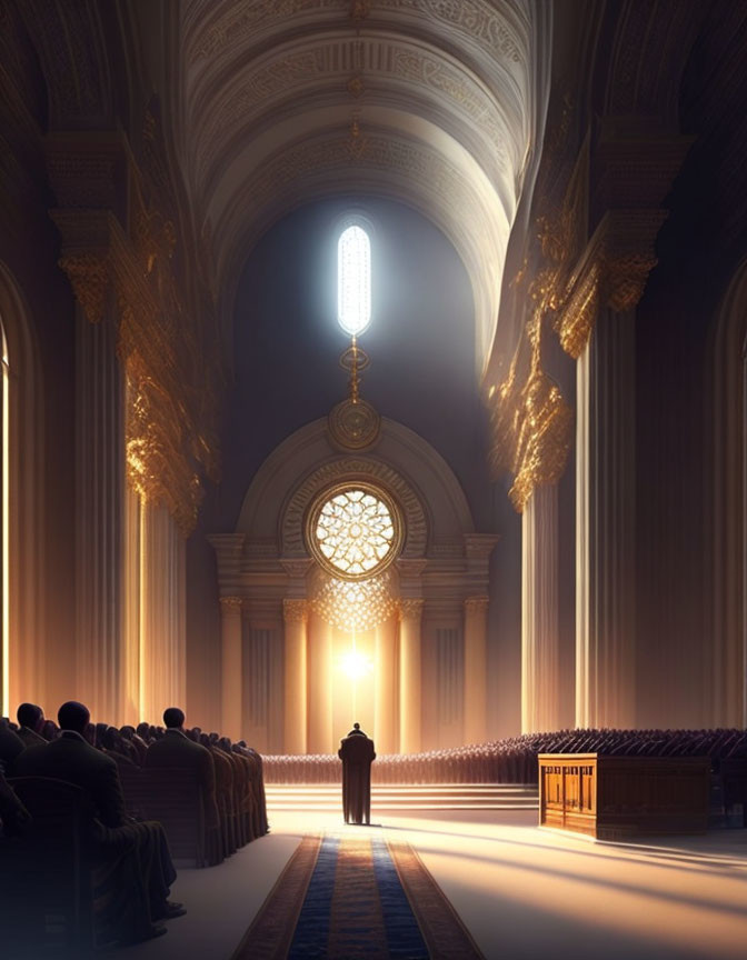 Grandiose cathedral interior with ornate pillars and rose window.