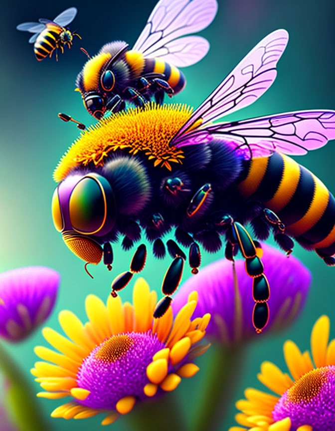 Colorful Bee Pollinating Vibrant Flowers with Droplets