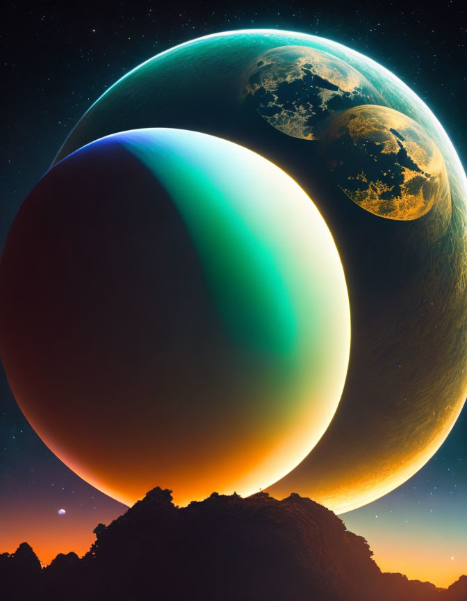 Colorful large planet rising over rocky terrain in sci-fi scene