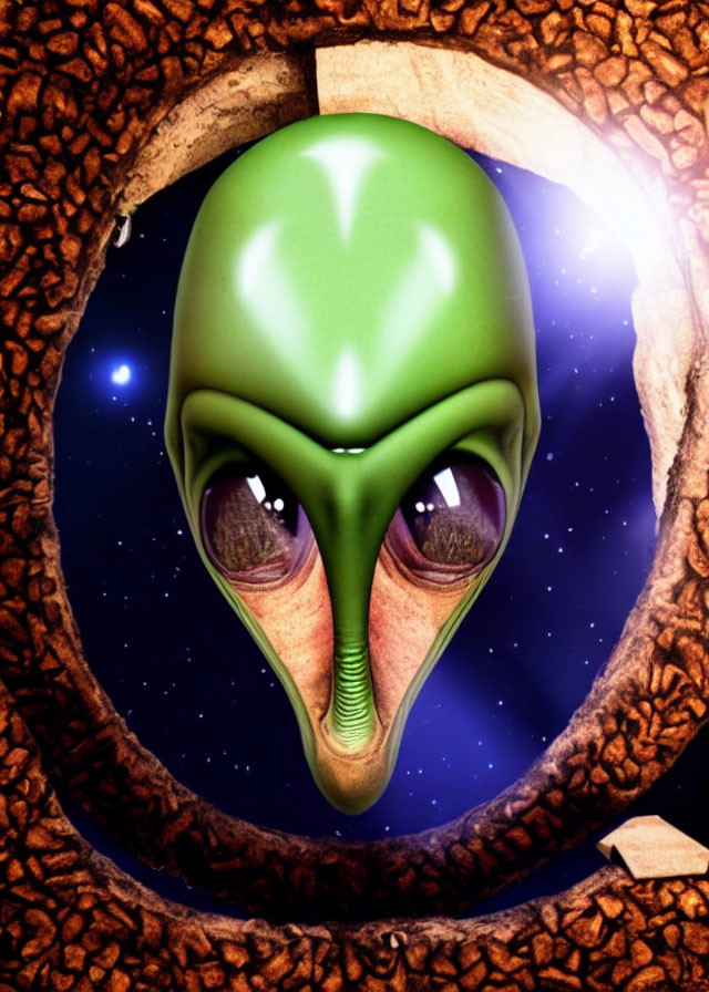 Green-headed alien peeking through porthole in starry background