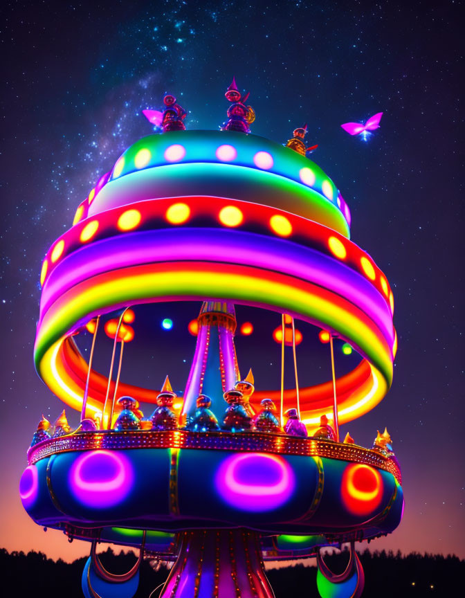 Colorful carousel with neon lights and butterflies under starry sky