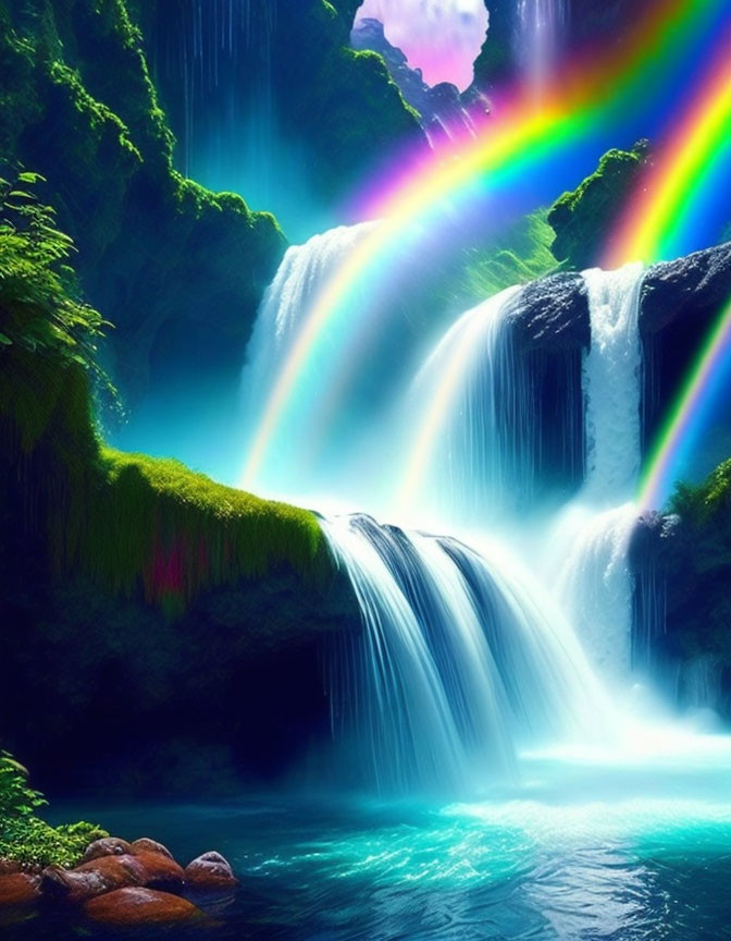 Scenic waterfall in lush forest with vivid rainbow