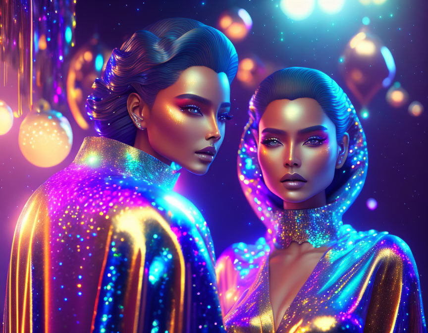 Futuristic female figures with multicolored skin and glittery outfits amid illuminated orbs