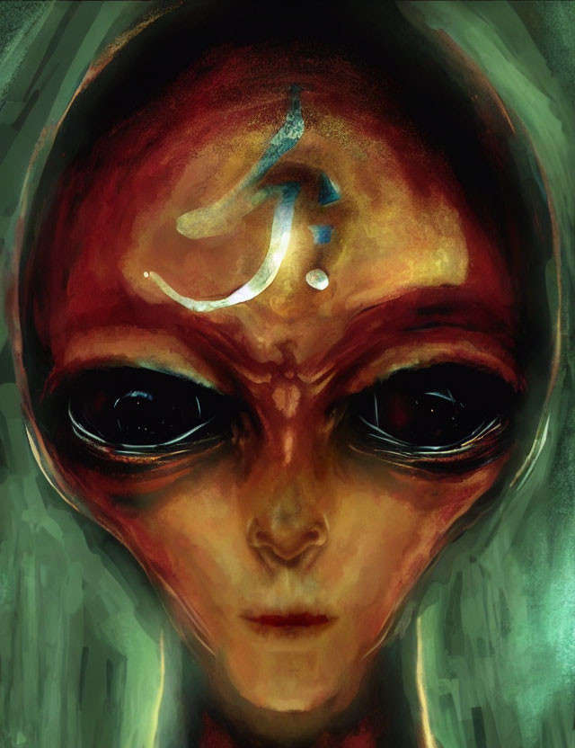 Detailed Close-Up of Alien with Black Eyes, Red Skin, and Forehead Symbol