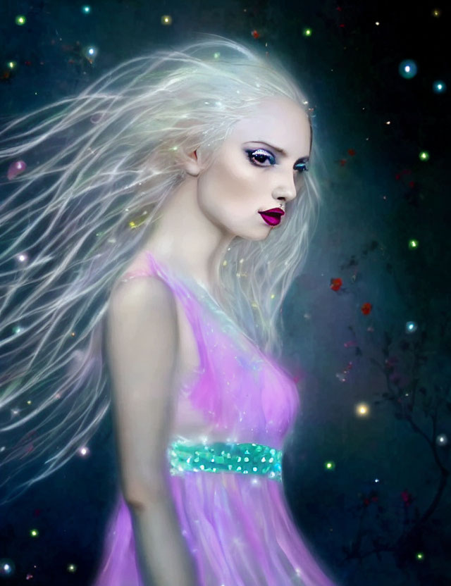 Digital portrait of fair-skinned woman with white hair and makeup, against starry night backdrop.