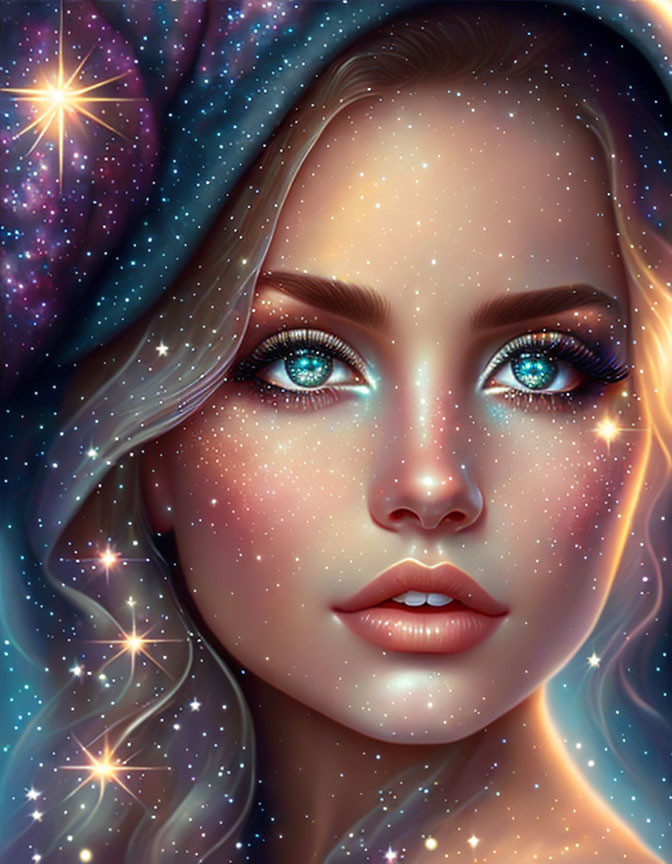 Galaxy-themed digital art portrait of a woman with vibrant blue eyes