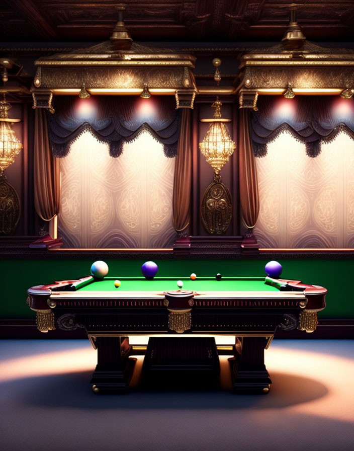 Luxurious billiards room with ornate pool table and elegant decor