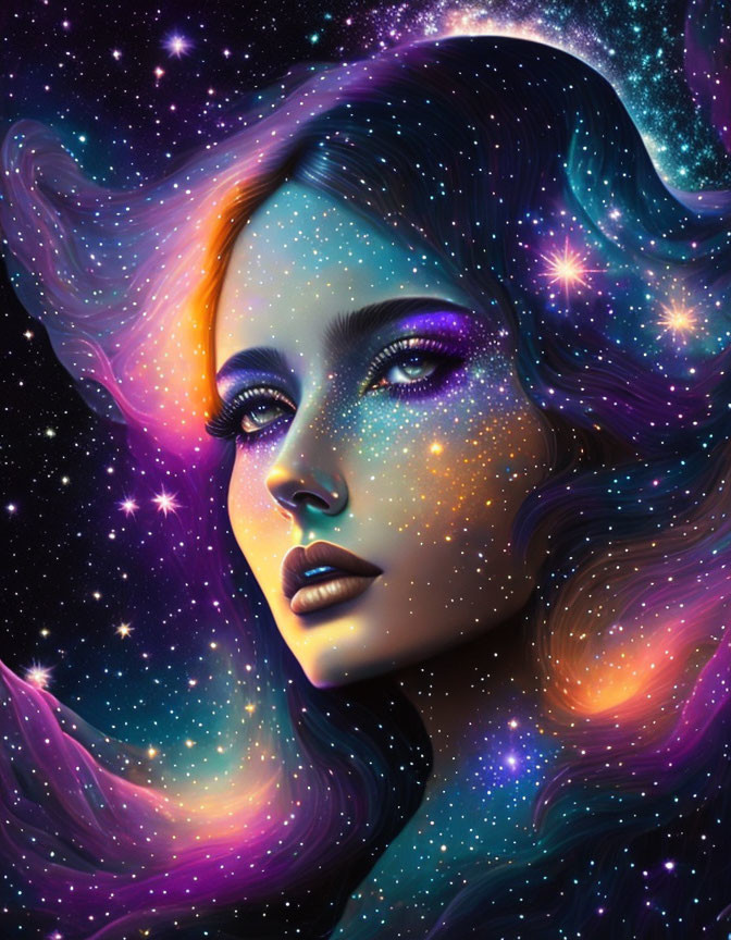 Woman with Cosmic Features: Hair and Skin Adorned with Stars and Nebulas