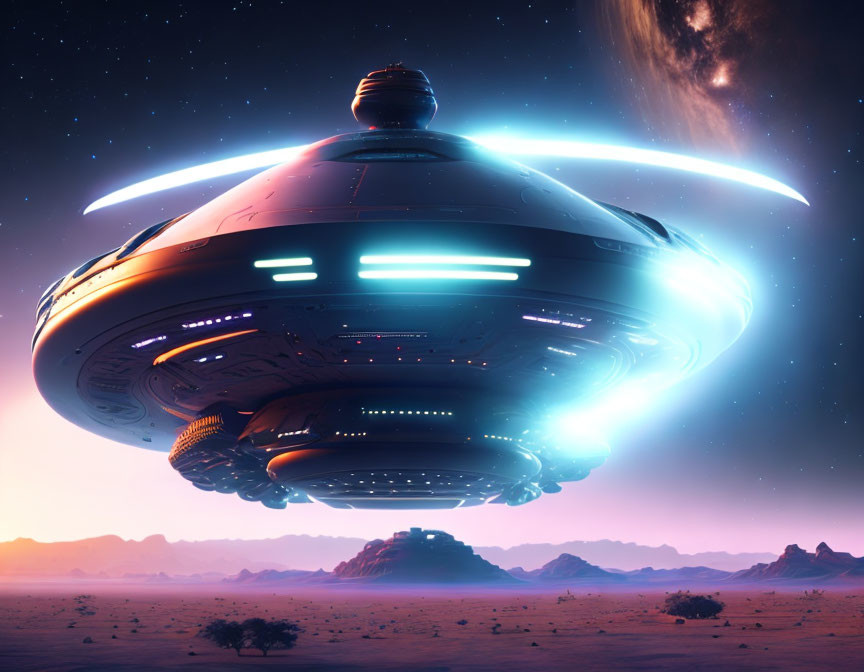 Futuristic spaceship above desert at dusk with glowing lights