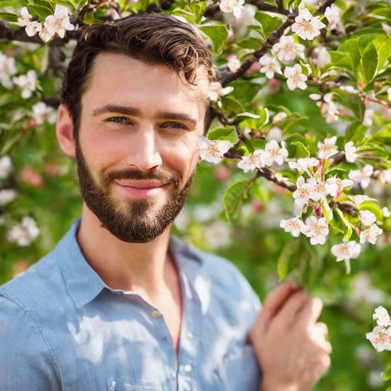 Bearded man smiling in garden with blue shirt