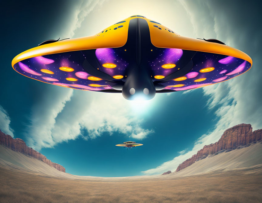 Futuristic flying saucers over desert landscape with cloudy sky