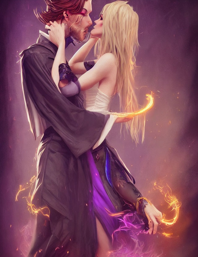 Medieval fantasy illustration of romantic embrace with magical energy.