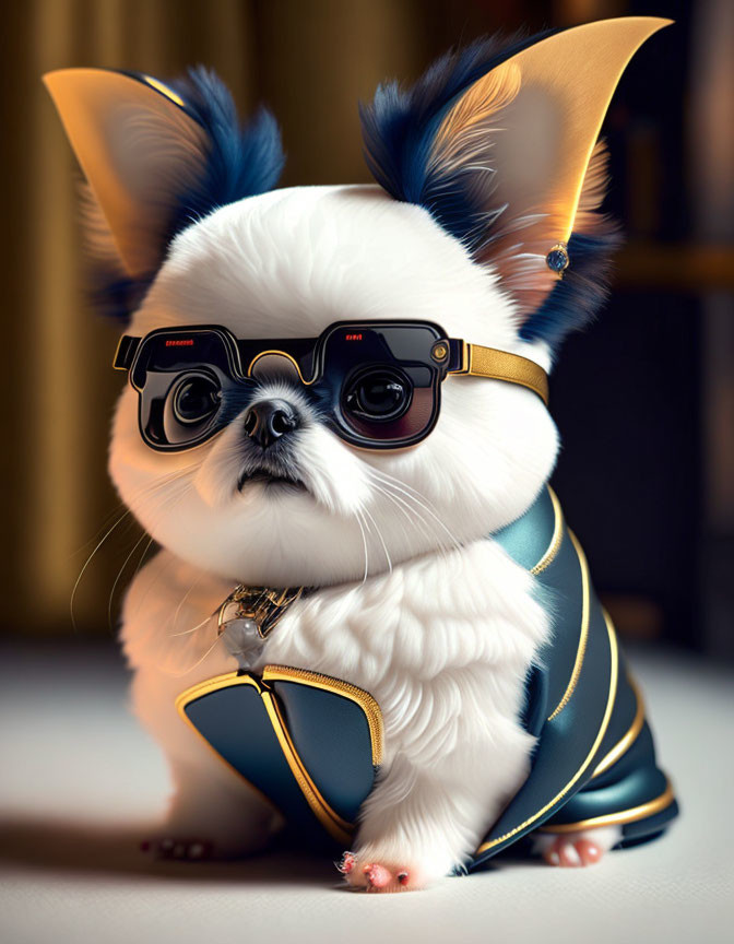 Stylized image of small dog in fashionable attire