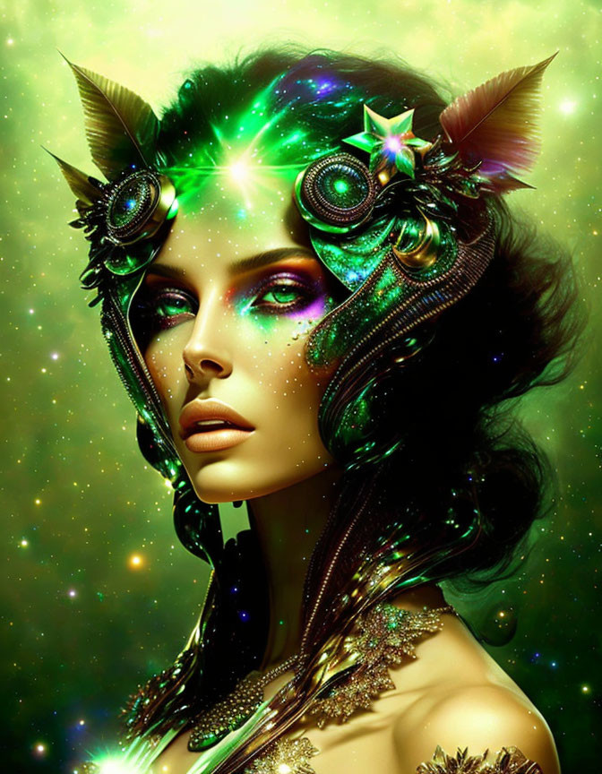 Fantasy makeup woman with horned headgear on green backdrop