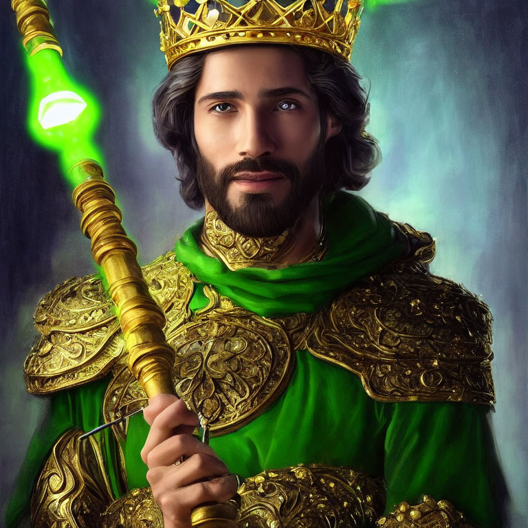 Regal man in golden armor with crown and green scepter displays authority