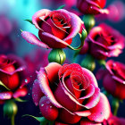 Vibrant Red Roses with Dewdrops on Bokeh Blue Background