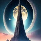 Towering skyscraper under alien moon in twilight landscape