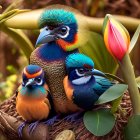 Colorful Birds Among Pink Flowers and Blue Tail Feathers