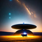 UFO hovering above cow in field at night with stars, Milky Way, and crescent moon.