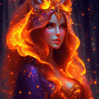 Fantasy queen with golden fiery hair in mystical forest setting