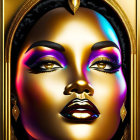 Stylized digital artwork of a woman with golden and purple makeup