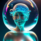 Smiling woman's head in iridescent bubble with smaller bubbles