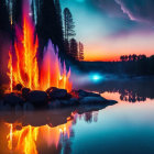 Children in glowing dresses overlooking magical starlit pond