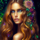 Vibrant flower-adorned woman with wavy hair and gold leaf makeup