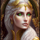 Fantasy portrait: Woman with white hair, blue eyes, golden headwear, ornate backdrop