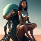 Futuristic woman in golden armor with stylized creature in desert landscape