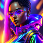 Futuristic digital artwork of woman in stylish glasses and metallic jacket