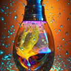 Colorful Potion Bottle with Droplets on Reflective Surface - Orange Background