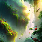 Vibrant jungle scene with cascading water, greenery, sunlight, and colorful birds