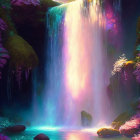 Surreal waterfall in lush foliage with radiant light and floating flowers