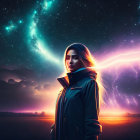 Hooded figure admires vibrant night sky with stars and lightning