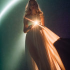 Woman in flowing dress holding radiant light with cosmic background