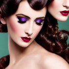 Woman with Vibrant Makeup and Styled Auburn Hair with Purple Flowers