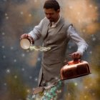 Man in vintage attire pouring liquid gold and controlling floating glass bottle