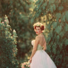 Vintage Peach Dress Woman with Red Hair in Floral Garden