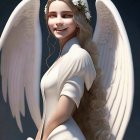 Digital Artwork: Woman with Angel Wings and Long Blonde Hair in White Dress