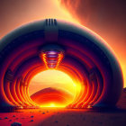 Futuristic tunnel with glowing orange lights and spherical structures in rocky terrain