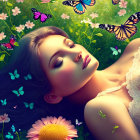 Woman in floral meadow with vibrant butterflies